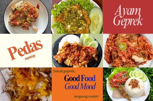Kolase foto berbagai menu Ayam Geprek dengan variasi sambal bawang, sambal ijo, dan saus keju, dilengkapi teks promosi 'Pedas Mantap' dan 'Good Food Good Mood'.