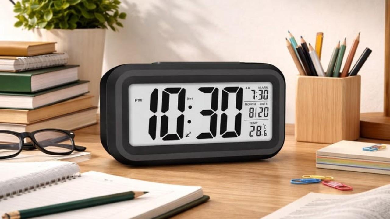 jam digital modern dengan tampilan LED di meja kerja